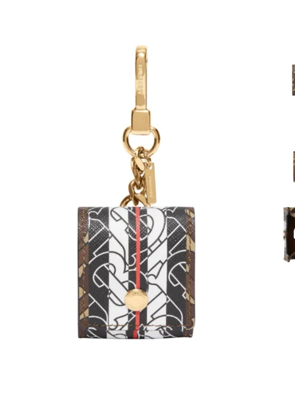 Burberry Brown & White Monogram AirPod Holder Key Charm with Gold Hardware